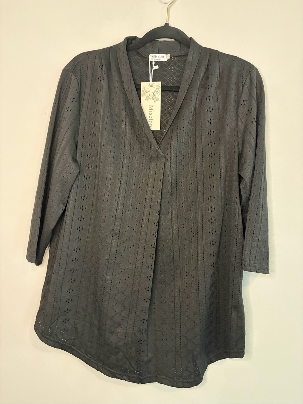 Black Eyelet Deep V Tunic Top 3/4 Sleeves